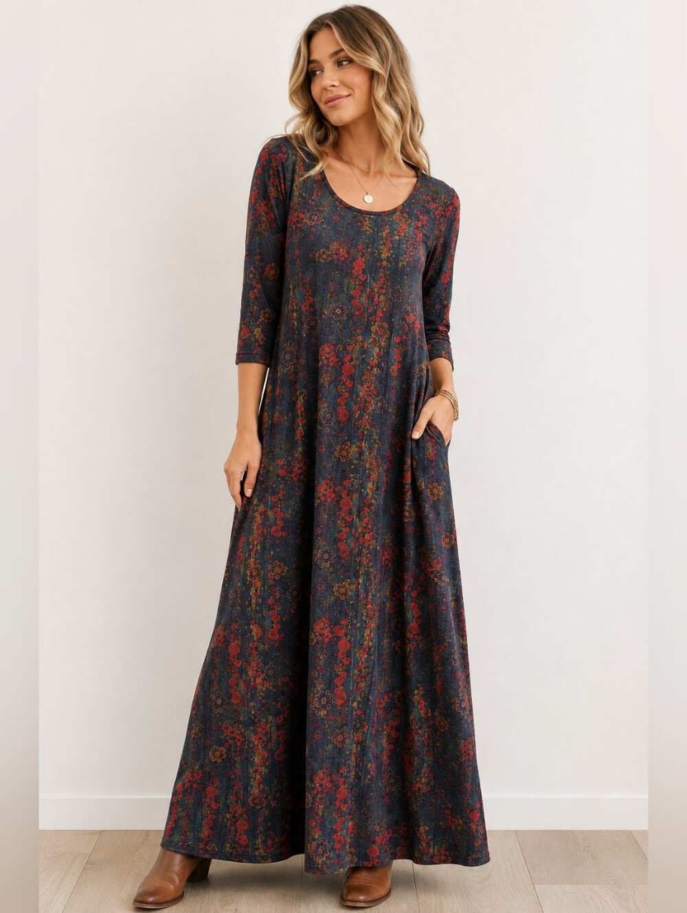 Natural Life Floral Boho Maxi Dress Blue Red Stretchy 3/4 Sleeve Small